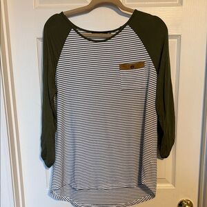 Doe & Rae Olive Green and White Striped Long Sleeve Top